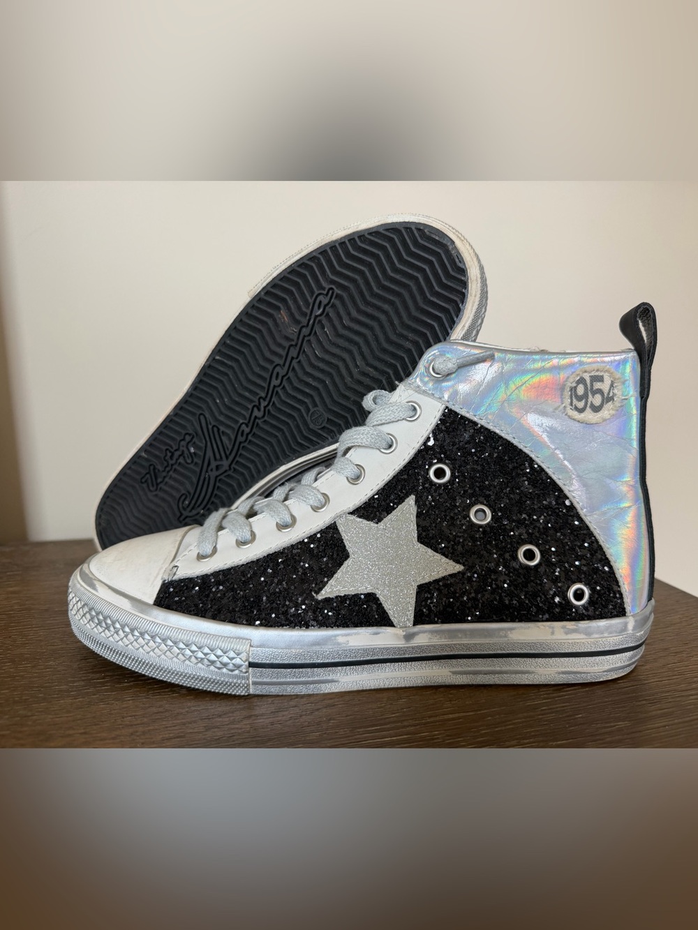 Vintage Havana Alive High 1 Black silver Star bling high top sneakers in 7.5